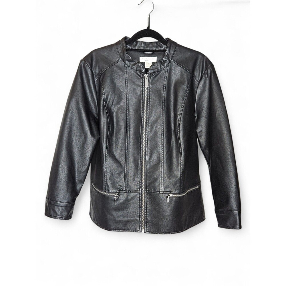 Christopher & Banks Faux Leather Jacket Womens Size Petite Large Black Moto Zip